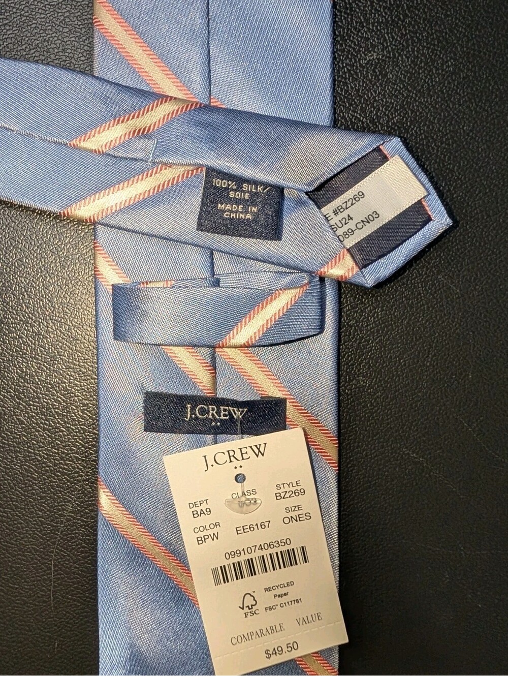 J Crew Silk Tie Light Blue Stripe NWT
